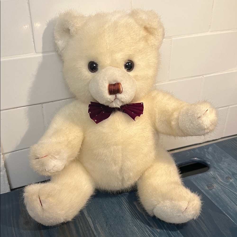 Russ Berrie Plush Cream Bear with Maroon Bow